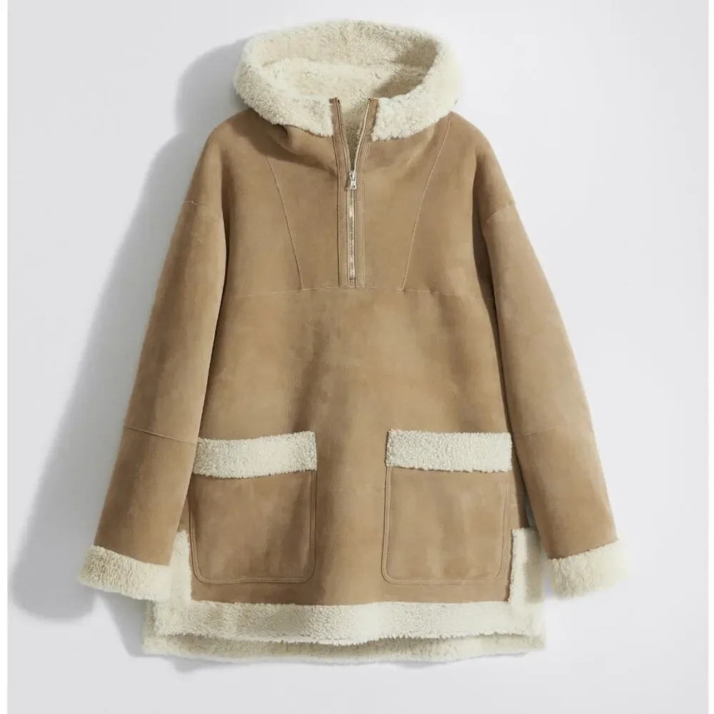 Filippa K Veda Suede Shearling Hooded Anorak Coat XS S